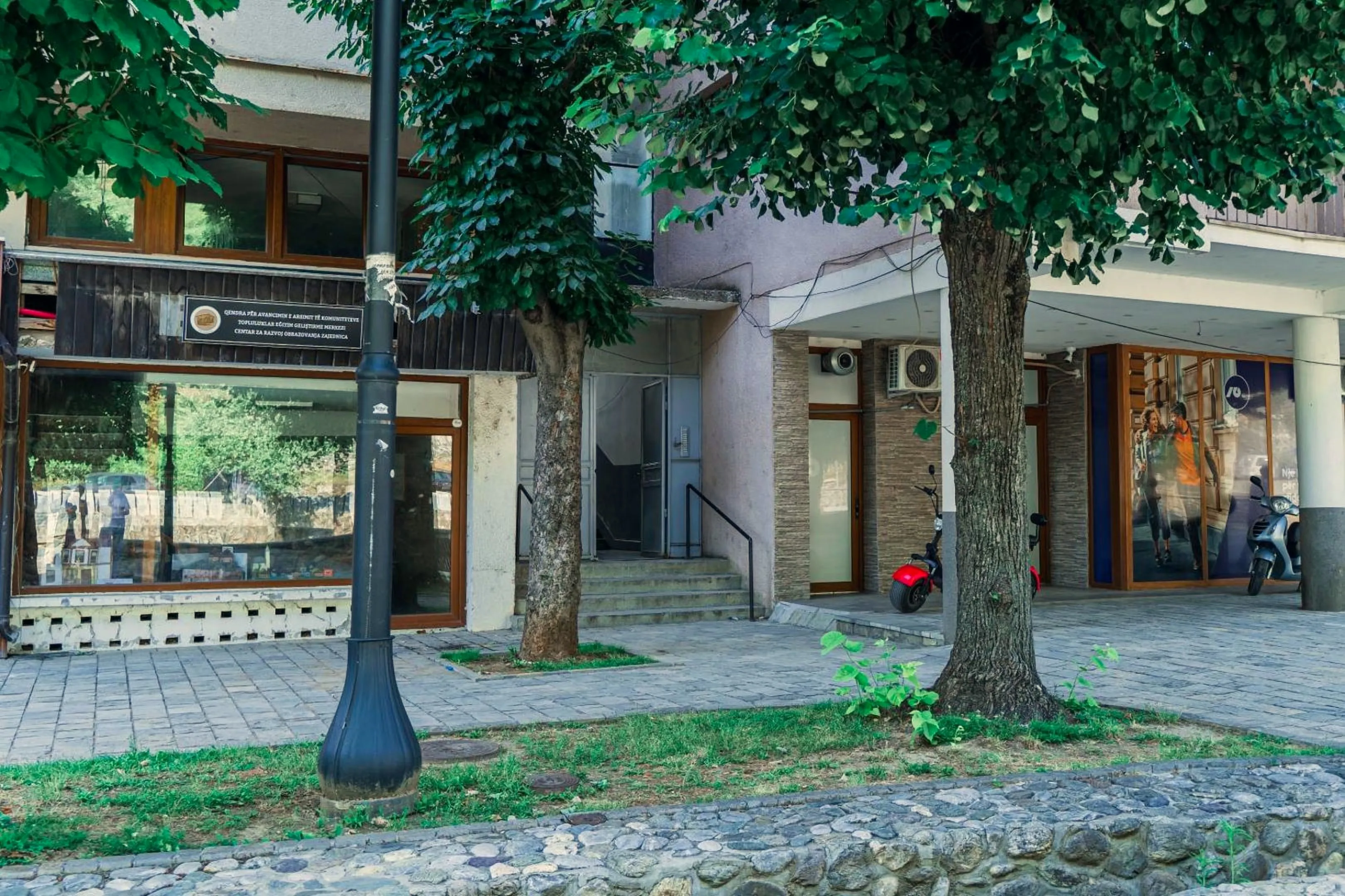The entrance of the building under the trees